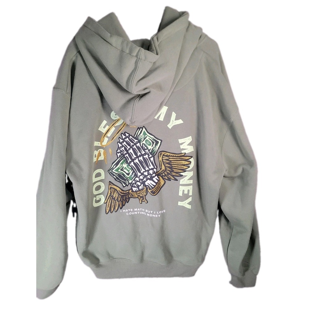 Cornerstore Bodega Mens XL Hoodie God Bless My Money Sage Green Glitter Graphic